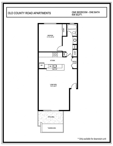 Floor plan for 1 bed, 1 bath, 836 sqft